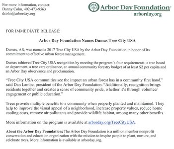 Arbor Day Foundation Names Dumas Tree City USA